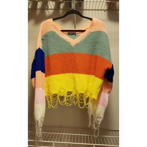 Plus Striped Slouchy Raw Hem Sweater